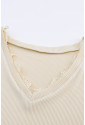  Apricot Ribbed Texture Lace Trim V Neck Long Sleeve Top