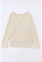  Apricot Ribbed Texture Lace Trim V Neck Long Sleeve Top