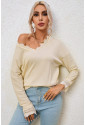  Apricot Ribbed Texture Lace Trim V Neck Long Sleeve Top