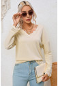  Apricot Ribbed Texture Lace Trim V Neck Long Sleeve Top