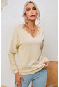  Apricot Ribbed Texture Lace Trim V Neck Long Sleeve Top