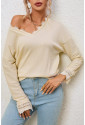  Apricot Ribbed Texture Lace Trim V Neck Long Sleeve Top