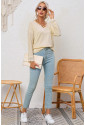  Apricot Ribbed Texture Lace Trim V Neck Long Sleeve Top