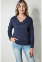  Blue Ribbed Texture Lace Trim V Neck Long Sleeve Top