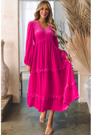 Hot Pink V Neck Long Sleeve Velvet Dress