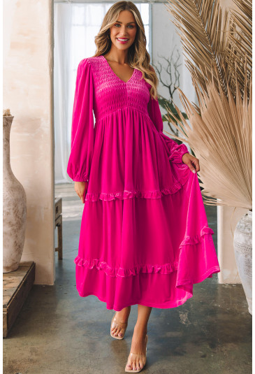 Hot Pink V Neck Long Sleeve Velvet Dress