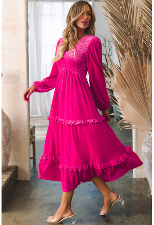 Hot Pink V Neck Long Sleeve Velvet Dress