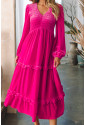 Hot Pink V Neck Long Sleeve Velvet Dress