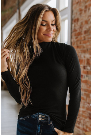Black Ribbed Knit High Neck Top