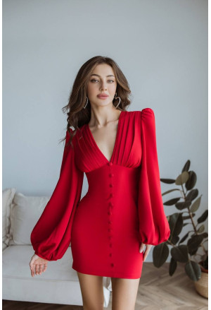Premium mini red dress with puffed sleeves 