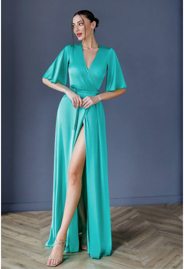 Maxi long wrap satin gown dress with belt