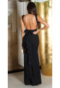 Elegantné dlhé čierne spoločenské šaty s mašľou a výstrihom na chrbte