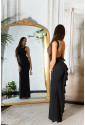 Elegantné dlhé čierne spoločenské šaty s mašľou a výstrihom na chrbte