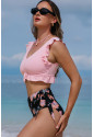 Ribbed Ruched Ruffle Top Printed Bikini Set