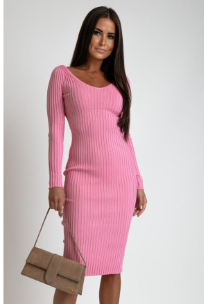 Midi knitted pink dress long sleeve