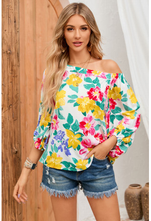 Colored Drawing Flowers Sexy Off Shoulder Top