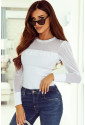 White Pearl Decor Mesh Patchwork Ribbed Long Sleeve Top