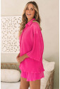 Pink 3/4 Sleeves Pleated Shirt and High Waist Shorts Lounge Set