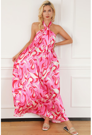 Dlhé ružové šaty s uväzovaním okolo krku a abstraktným vzorom 