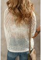 White Fishnet Knit Ribbed Round Neck Short Sleeve Sweater Tee
