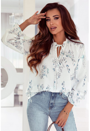 White Floral Tie Neck Long Sleeve Crinkle Blouse