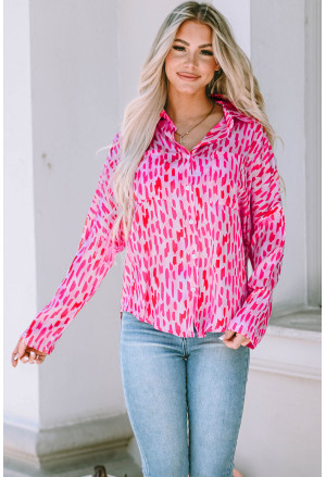 Pink Printed Roll Tab Sleeve Button Up Shirt