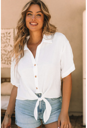 White Textured Knotted Button-up Half Sleeve Shirt
