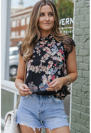 Black Dainty Floral Print Lace Sleeve Blouse