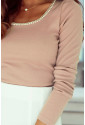 Khaki Pearl Trim Square Neck Ribbed Knit Long Sleeve Top