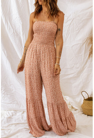 Thin Straps Smocked Wide Leg Floral Jumpsuit