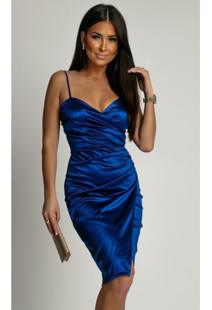 Elegantné modré krátke saténové šaty