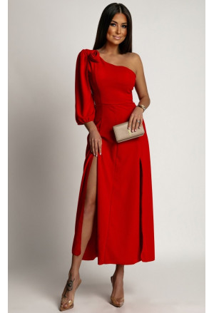 Elegantné červené spoločenské šaty na jedno rameno