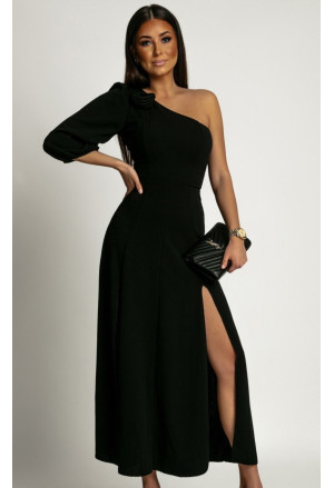 Elegantné čierne spoločenské šaty na jedno rameno