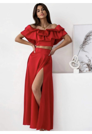 Saténový  červený set španielskeho strihu top a sukňa