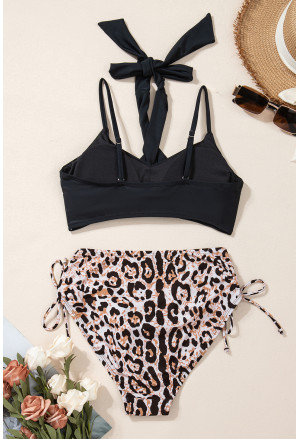 Black Crossed Tie Back Leopard Bikini Swimsuit