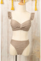 Khaki Wavy Textured Ruffled Twist Bikini Swimsuit