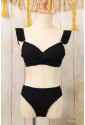 Black Wavy Textured Ruffled Twist Bikini Swimsuit