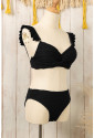 Black Wavy Textured Ruffled Twist Bikini Swimsuit