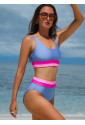 Light Blue Colorblock High Waisted Bikini Swimsuit