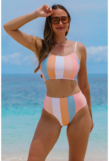 Stripes Print High Waist Bikini Swimsuit