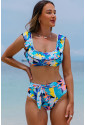 Tropical Print Ruffled High Waist Swimsuit