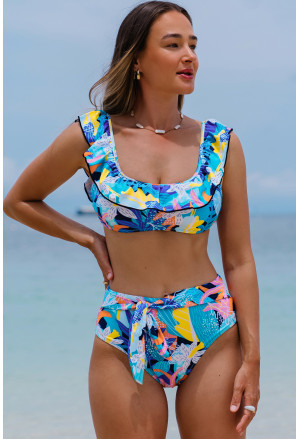 Tropical Print Ruffled High Waist Swimsuit