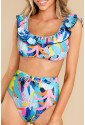 Tropical Print Ruffled High Waist Swimsuit