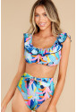 Tropical Print Ruffled High Waist Swimsuit