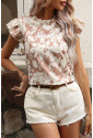 Khaki Floral Print Ruffle Short Sleeve Blouse