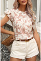 Khaki Floral Print Ruffle Short Sleeve Blouse