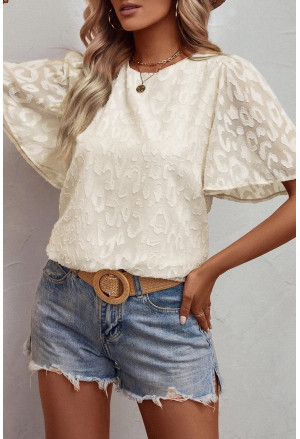 Beige Elegant Jacquard Butterfly Sleeve Blouse