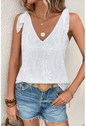 White Embroidery Patterned Knotted Straps V Neck Tank Top