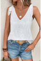 White Embroidery Patterned Knotted Straps V Neck Tank Top