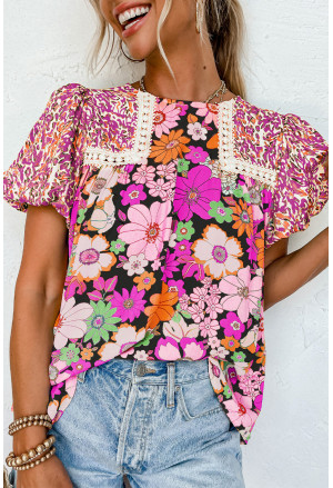 Bubble Sleeve Lace Trim Floral Mixed Print Blouse